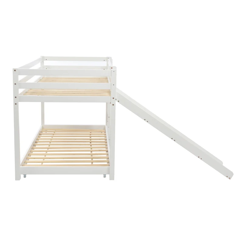 Children's Cabin Bunk Bed Frame with Slide & Ladder, Adjustable Lower Bed, Kids Storage, 207x215x110cm, White