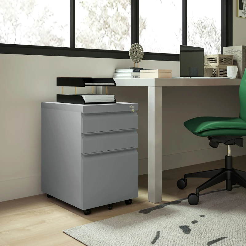 Vinsetto 3 Drawer Filling Cabinet, Mobile Metal File Cabinet with Anti-tilt Design for Letter, A4, Legal Size, Grey