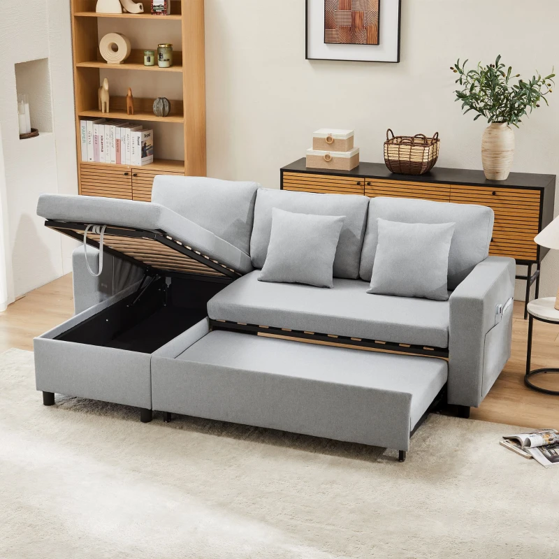 Multifunktionales Schlafsofa mit reversibler Recamiere, verstecktem Stauraum und Aufbewahrungstaschen, modernes Design, Hellgrau
