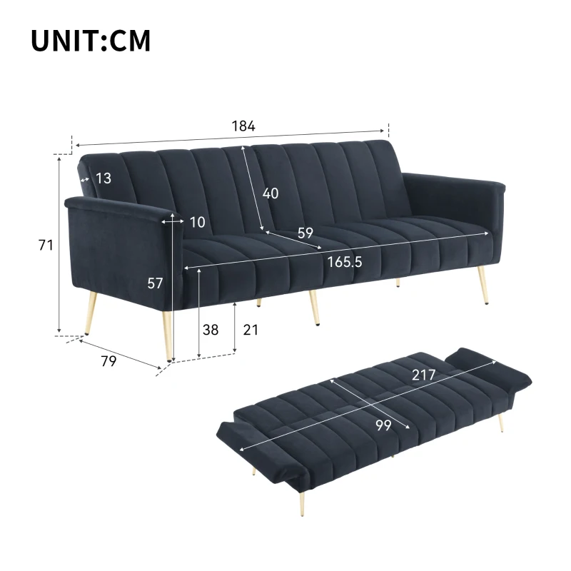 3-in-1 Klappsofa mit 3-fach verstellbarer Rückenlehne, ideal für Wohnzimmer und Schlafzimmer, Schwarz