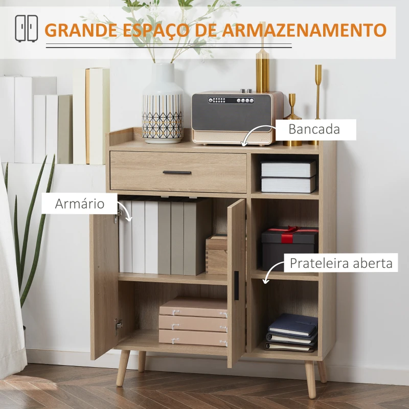 HOMCOM Aparador Moderno com 2 Portas 1 Gaveta e 3 Prateleiras Abertas Aparador Auxiliar de Armazenamento 80x30x96,5cm Madeira