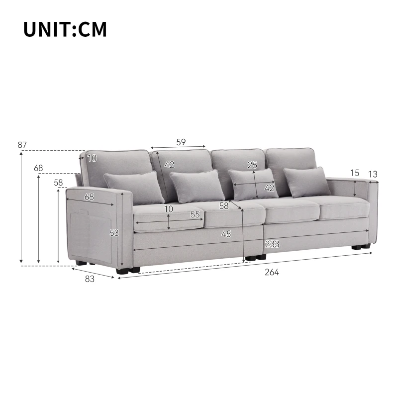 Sofa 4 Sitzer, Bequeme Leinen Sofa für Familie und Büro, mit Taschen und Kissen, Größe 264x83x87 cm, Grau