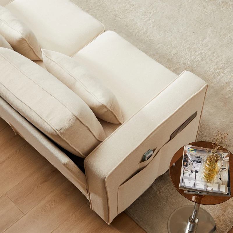 Modernes 4-Sitzer-Sofa in Leinenoptik mit Taschen an den Armlehnen und 4 Lendenkissen, geeignet für Wohnzimmer und Büro, 264x83x87 cm, Beige