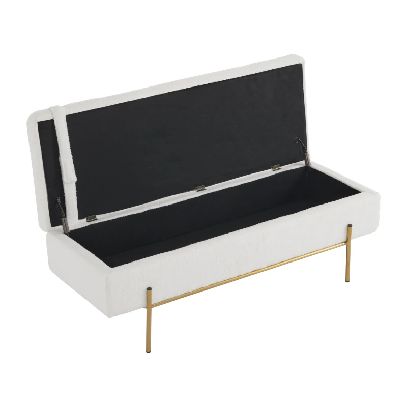 Gepolsterte Sitzbank mit Metallfüßen und Kopfstütze, Sitztruhe aus Teddy-Plüsch, Multifunktional mit Stauraum, 140x52x47 cm, Weiß