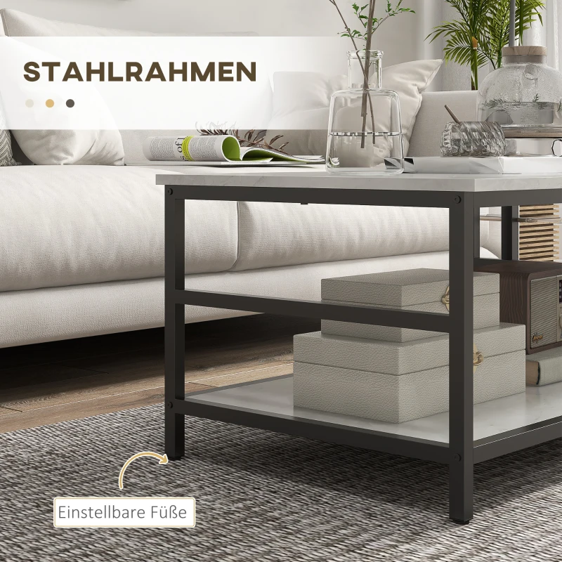 HOMCOM Salontafel Set, 2 Bijzettafels, Marmerlook, Verstelbare Voeten, Staal, Zwart/Wit