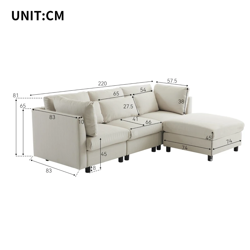 Moderner Ecksofa mit Schlaffunktion und Fußstütze, verstellbaren Lendenkissen und gepolsterten Armlehnen, 220x157x81 cm, für drei Personen, Beige