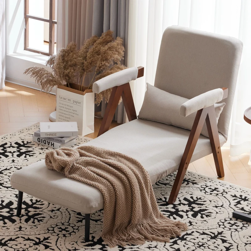 6-fach verstellbarer Schlafsessel, gepolsterter Liegesessel mit Kissen, geeignet für Zuhause und Büro, 128x57,5x23,5 cm, Beige