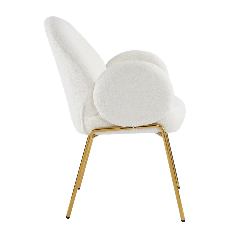 Polsterstuhl, für Esszimmer und Wohnzimmer, Teddy-Bezug, hohe Rückenlehne und abgerundete Armlehnen, vergoldete Metallbeine, Weiß