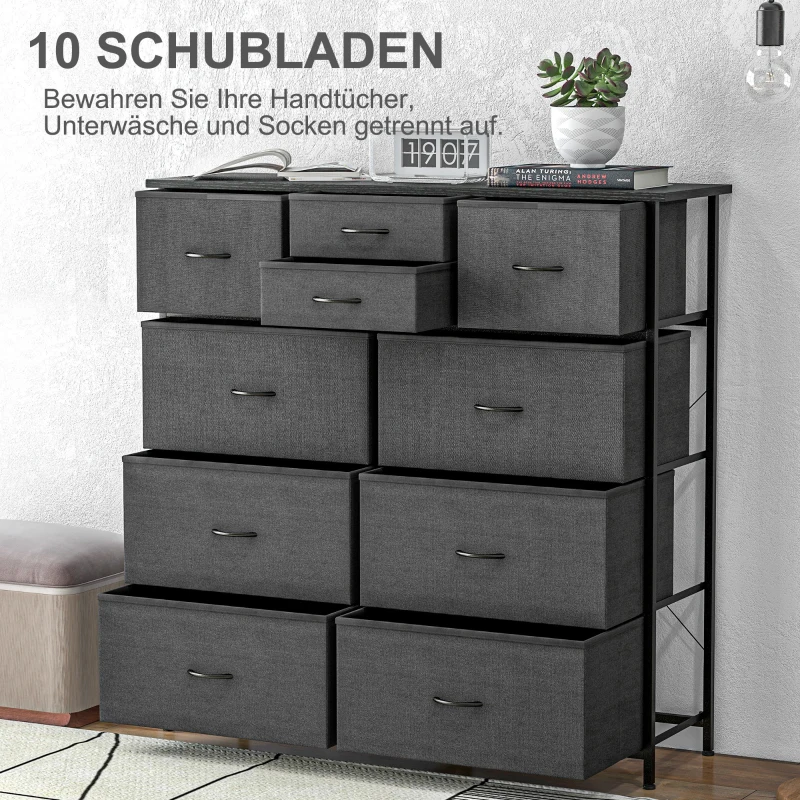 HOMCOM Dressoir, Sideboard met Stoffen Laden, 10 Vakken, Metalen Frame, 100x30x100cm, Zwart