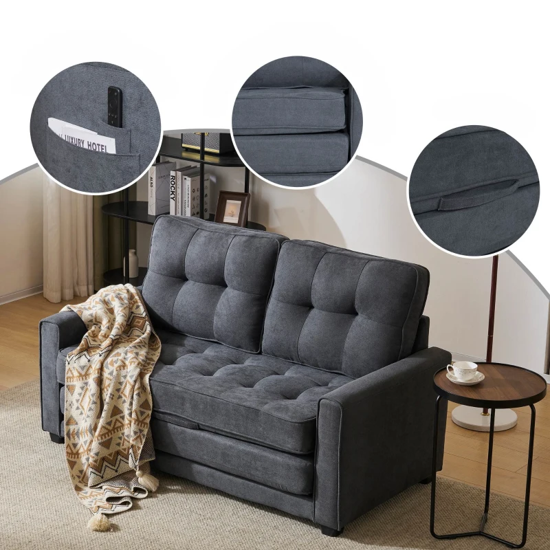 Schlafsofa mit Seitentaschen, Doppelbett Sofa, Kompakt Design für Wohnzimmer, Dunkelgrau