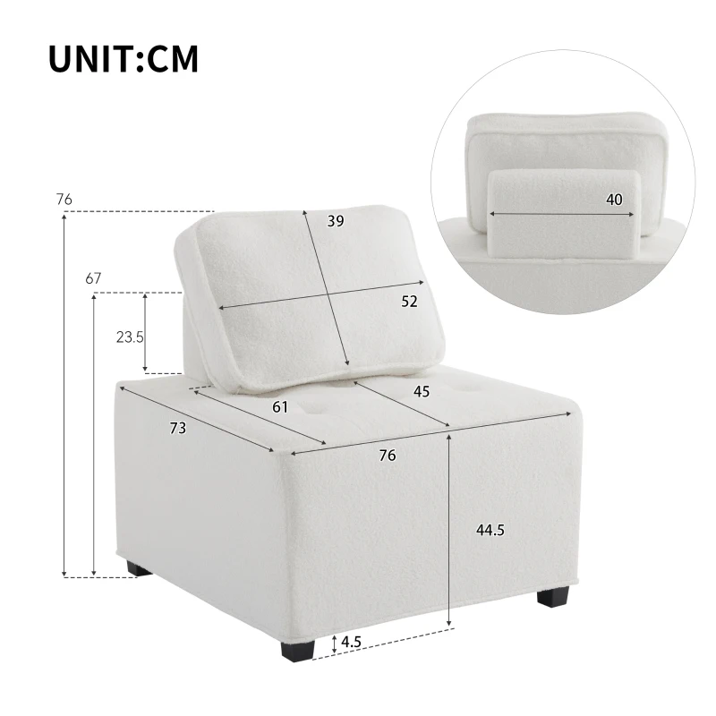 Einzelsessel, Modularer und bequemer Lounge-Sessel für das Wohnzimmer aus Teddy-Plüsch, kombinierbar, Weiß