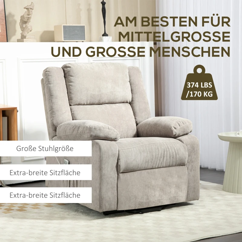 HOMCOM Relaxfauteuil met Opsta-assistentie, Verstelbare Hoofdsteun, Opklapbare Rugleuning, Gewatteerde Armleuningen, Lichtgrijs