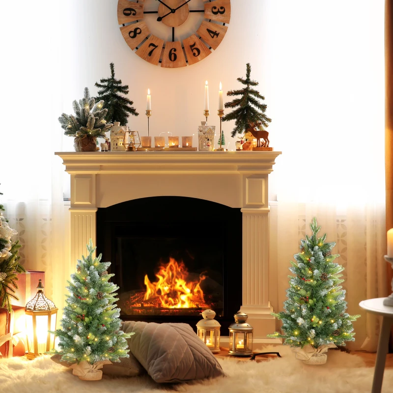 HOMCOM Set of Two 3ft Christmas Trees, with Lights, Berries and Pinecones