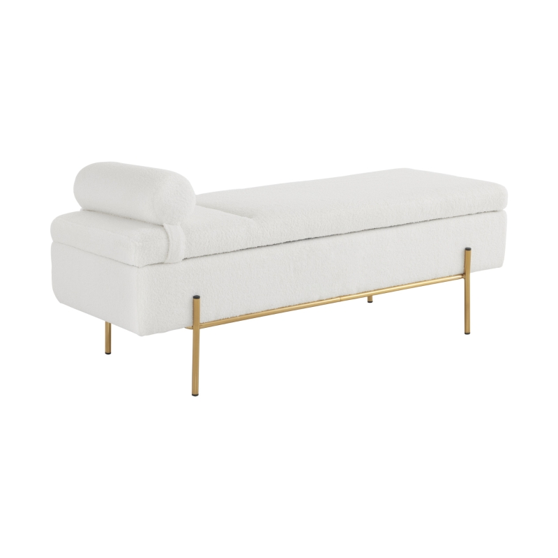 Gepolsterte Sitzbank mit Metallfüßen und Kopfstütze, Sitztruhe aus Teddy-Plüsch, Multifunktional mit Stauraum, 140x52x47 cm, Weiß