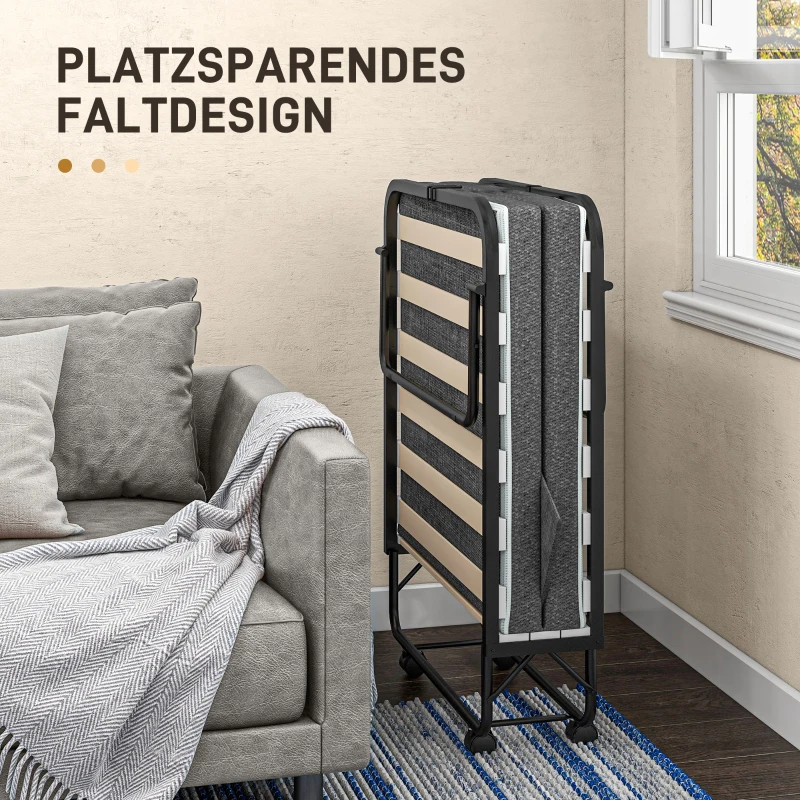 HOMCOM Opklapbed, Matras, 4 Wielen, Metalen Frame, Tot 150 kg, 190 x 80 x 42 cm, Donkergrijs