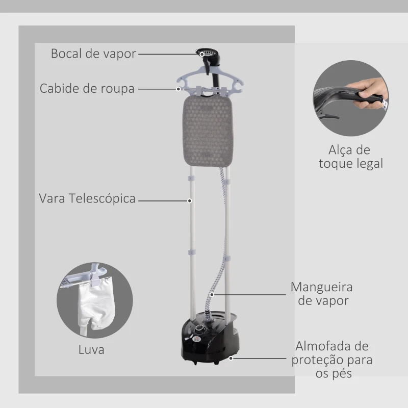 HOMCOM Ferro de Engomar a Vapor 1800W Temperatura Ajustável 11 Níveis Depósito de 2 L Aquecimento em 38s 35x25x47-118,5 cm Preto