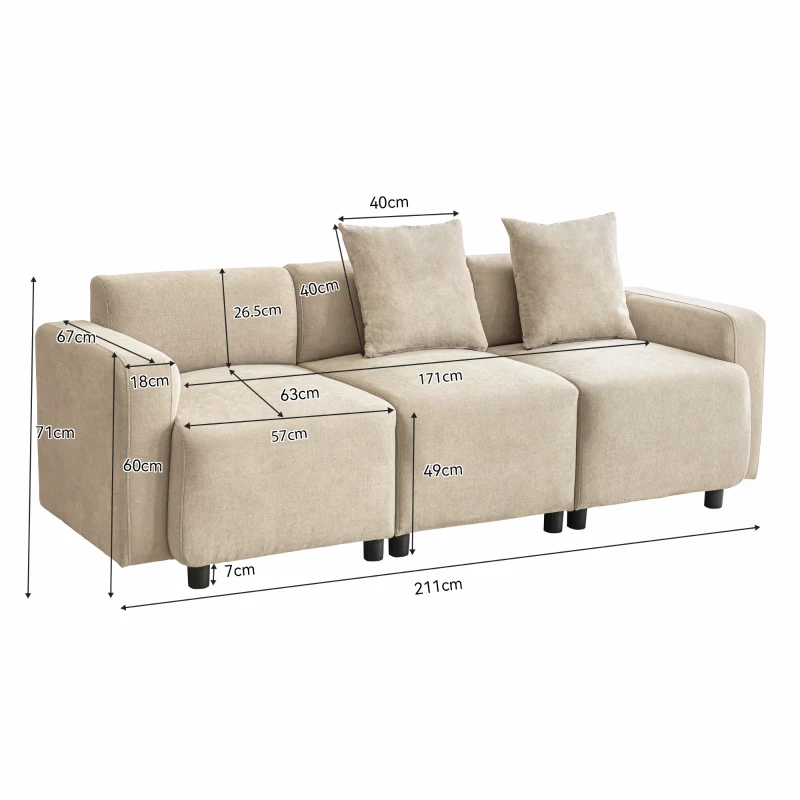 Modernes Lounge Schlafsofa aus Chenille mit dekorativen Kissen und abgerundeten Armlehnen, 211x67x71 cm, Beige
