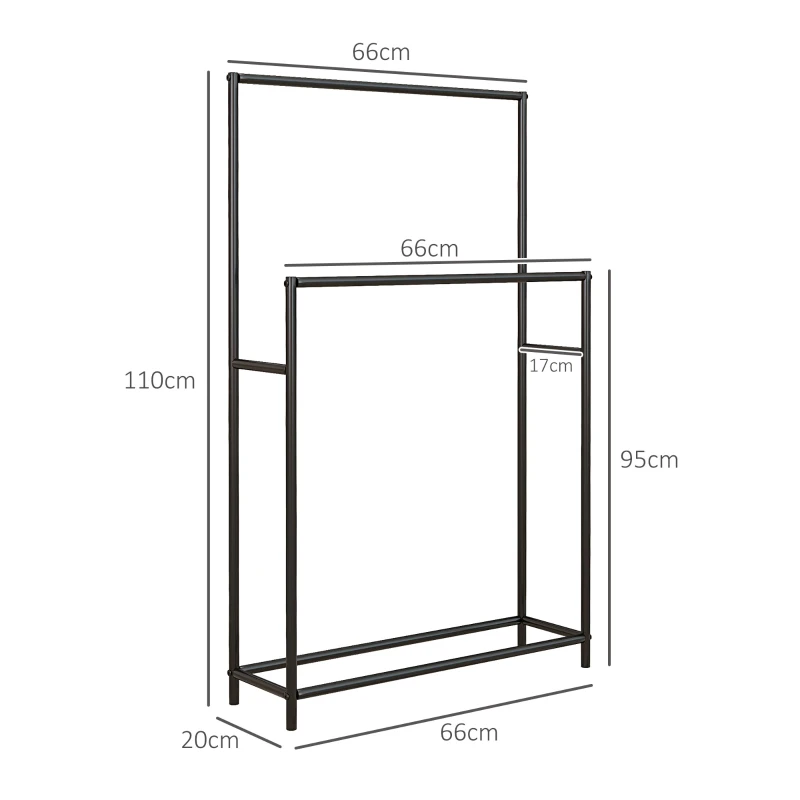 HOMCOM Toalheiro de Pé de 2 Níveis Toalheiro Casa de Banho com 2 Barras e Estrutura de Metal 66x20x110 cm Preto