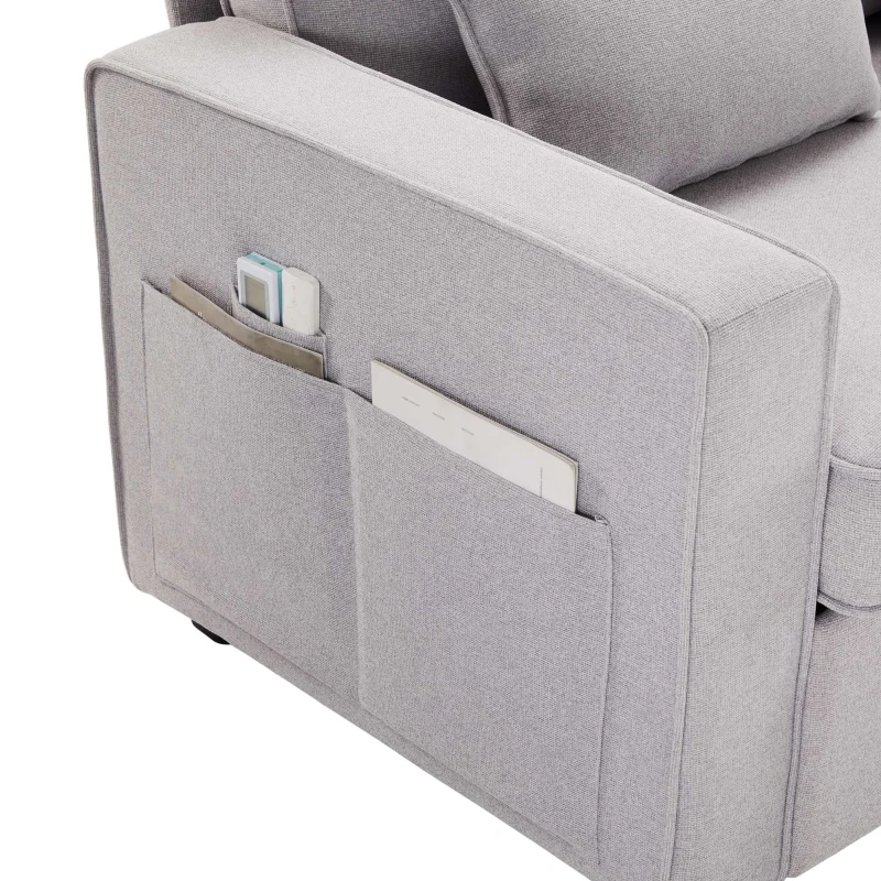 Sofa 4 Sitzer, Bequeme Leinen Sofa für Familie und Büro, mit Taschen und Kissen, Größe 264x83x87 cm, Grau