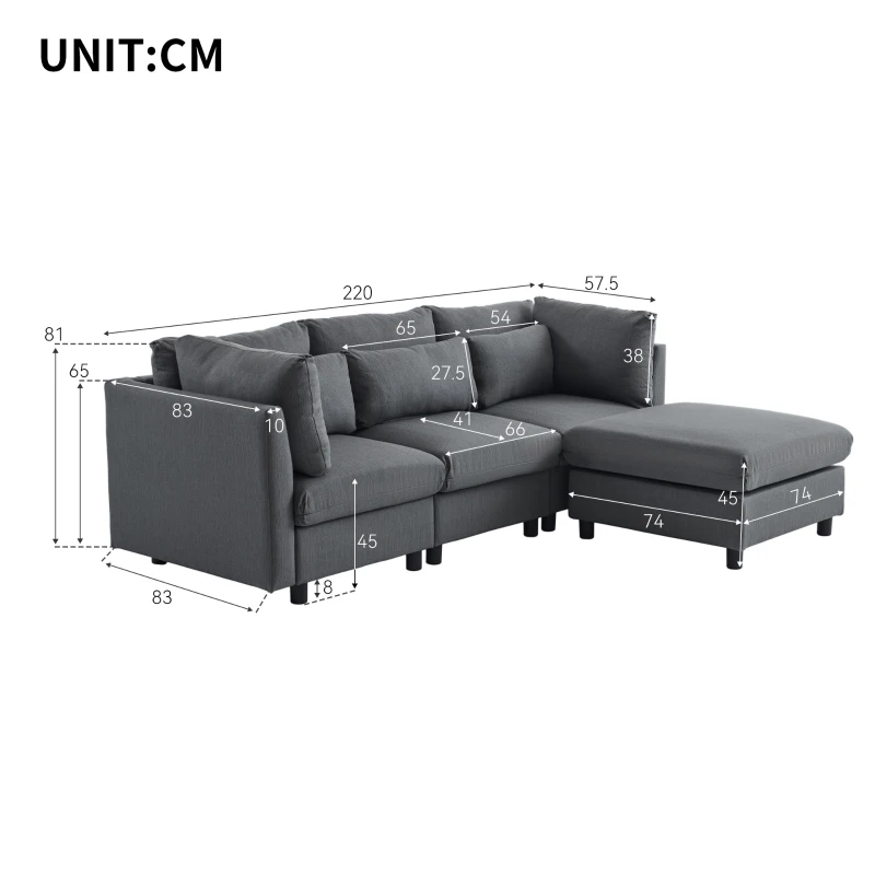 Ecksofa mit Fußstütze und verstellbare Lendenkissen für Wohnzimmer, Grau