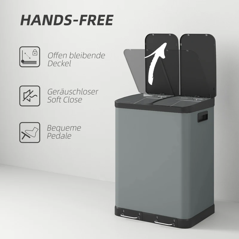 HOMCOM Dubbele Sector Prullenbak, 2 x 30L, Vingerafdrukbestendig, Pedaal, Uitneembare Binnenemmers, Grijs