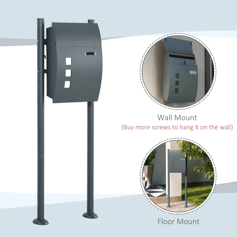 HOMCOM Brievenbus Postkast, Vergrendeling, Staande brievenbus, 2 Sleutels, Staal, 44 cm x 15 cm x 114 cm, Grijs(m-8)