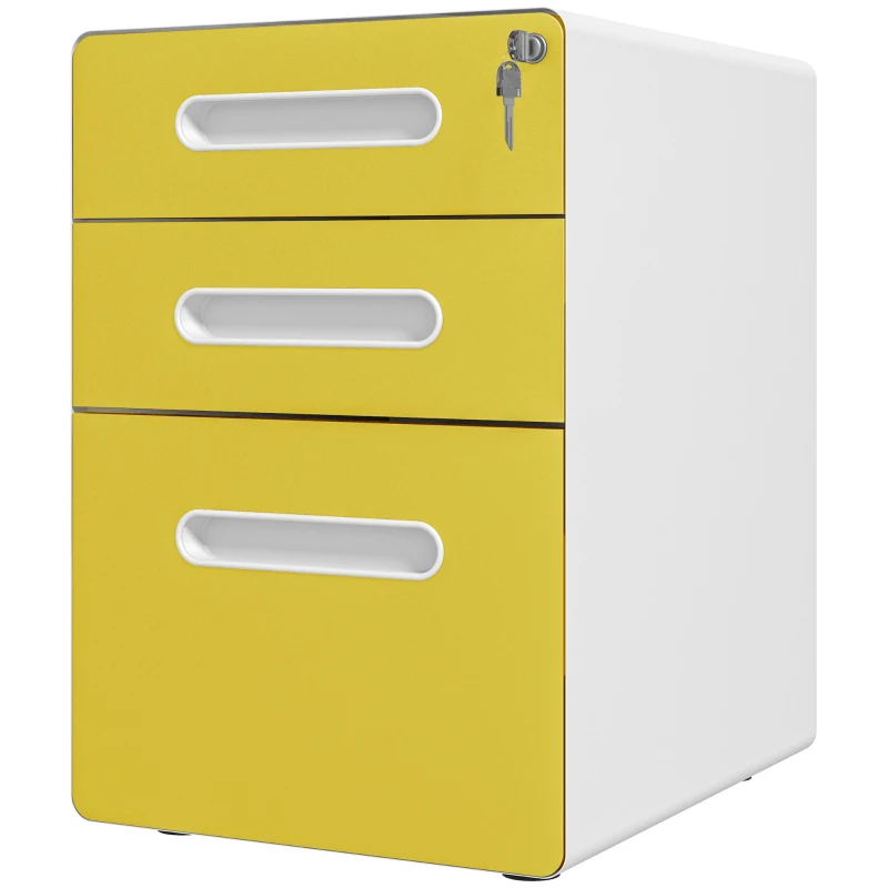 Vinsetto 3 Drawer Filing Cabinet, Steel Lockable File Cabinet with Lock and Wheels, for A4, Letter, Legal Sized Files, Yellow