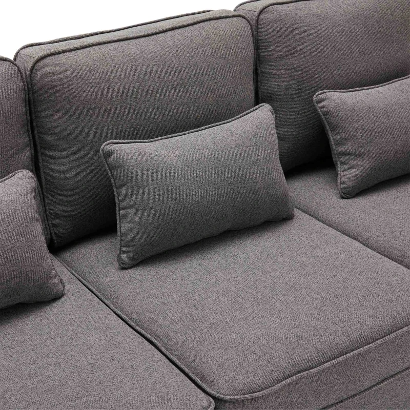 Modernes 4-Sitzer-Sofa in Leinenoptik mit Taschen an den Armlehnen und 4 Lendenkissen, geeignet für Wohnzimmer und Büro, 264x83x87 cm, Dunkelgrau