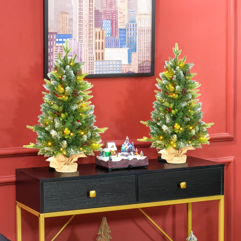 HOMCOM Set of Two 3ft Christmas Trees, with Lights, Berries and Pinecones
