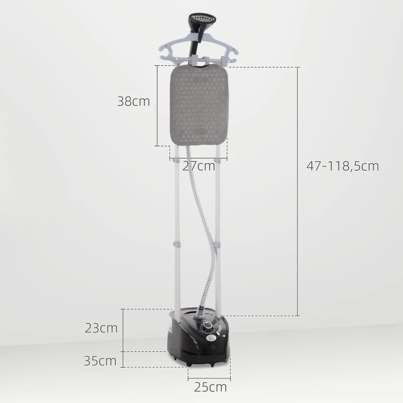 HOMCOM Ferro de Engomar a Vapor 1800W Temperatura Ajustável 11 Níveis Depósito de 2 L Aquecimento em 38s 35x25x47-118,5 cm Preto
