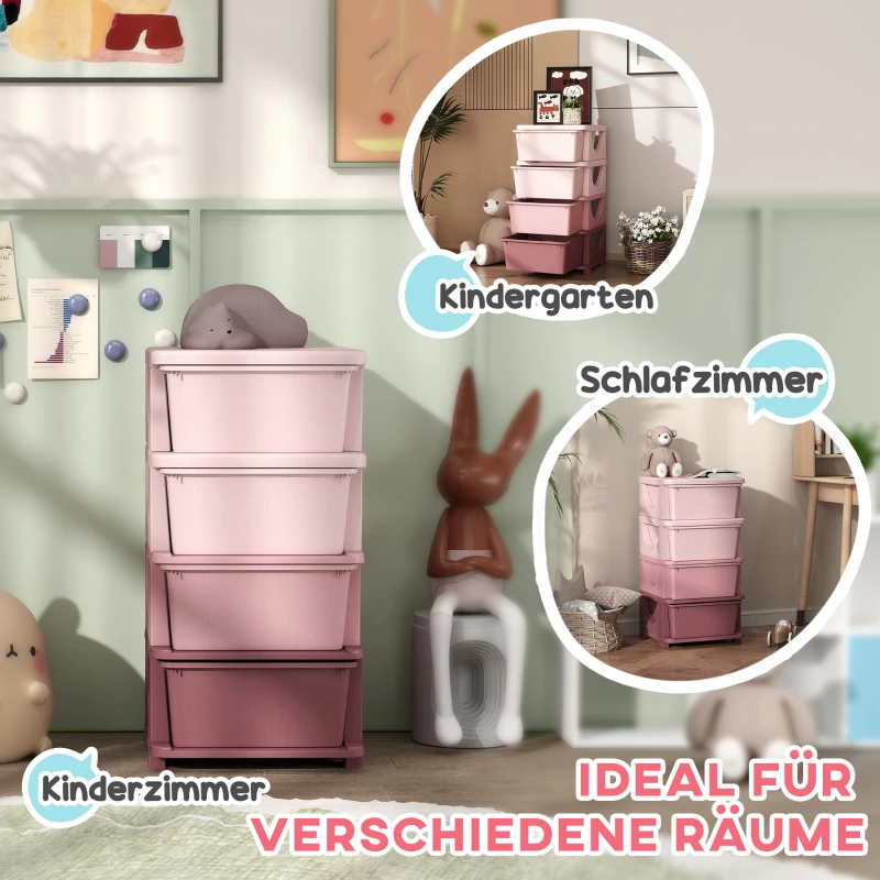 HOMCOM Skrzynki do przechowywania dla dzieci, 3 szuflady, zaokrąglone krawędzie, podniesiony design, 37x37x76 cm, Różowy