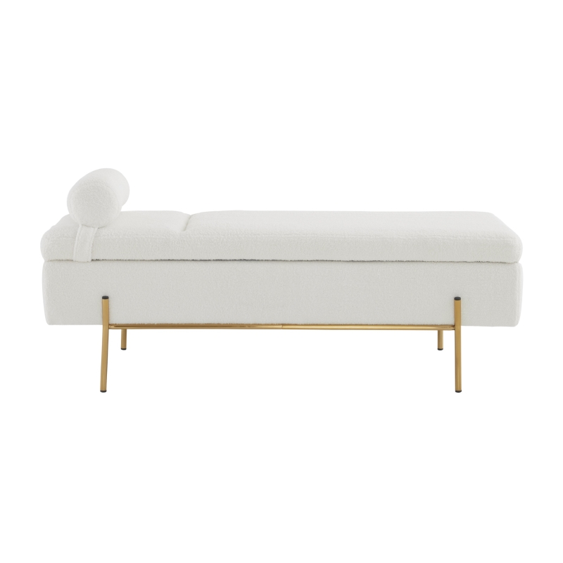 Gepolsterte Sitzbank mit Metallfüßen und Kopfstütze, Sitztruhe aus Teddy-Plüsch, Multifunktional mit Stauraum, 140x52x47 cm, Weiß