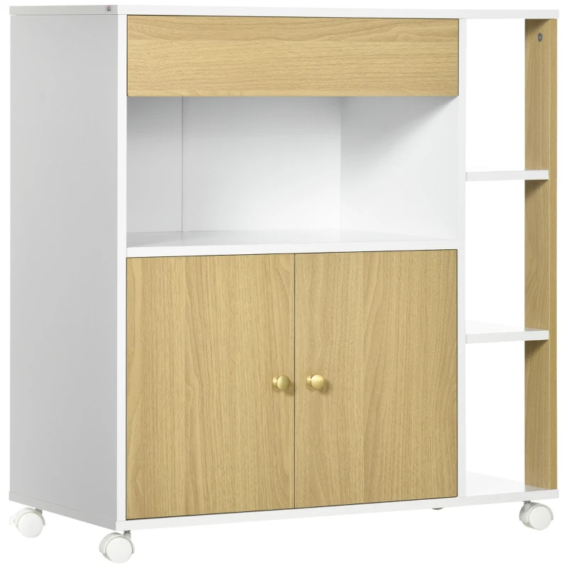 HOMCOM Carucior de bucatarie din PAL cu 4 rafturi deschise, un sertar si un dulap cu 2 usi, 80x39x85,5 cm, alb si stejar