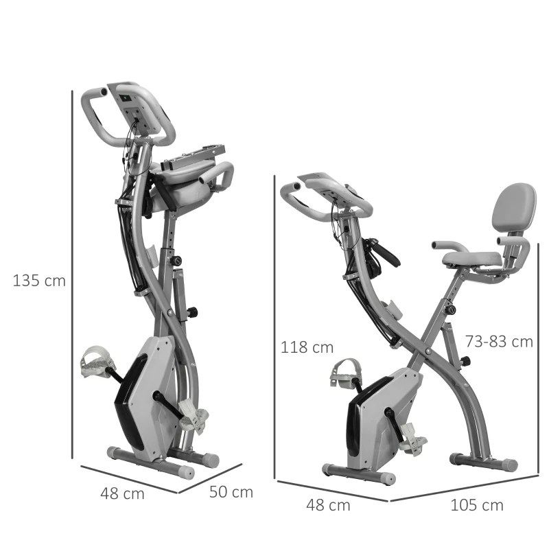 HOMCOM 2-in-1 Folding Exercise Bike with 8-Level Magnetic Resistance, Arm Resistance Band, Pulse Sensor, Grey(m-3)