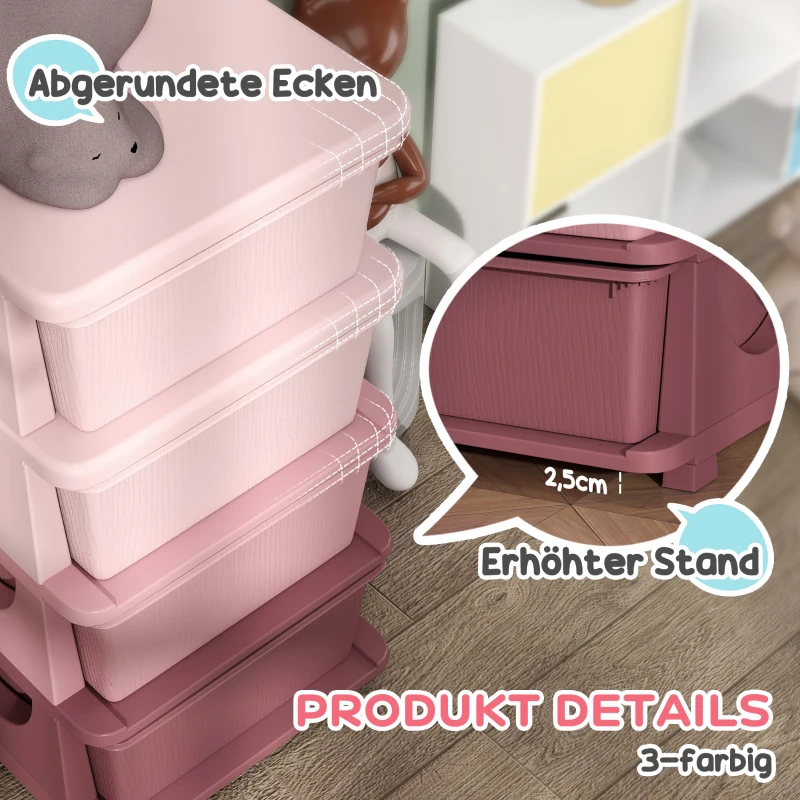 HOMCOM Skrzynki do przechowywania dla dzieci, 3 szuflady, zaokrąglone krawędzie, podniesiony design, 37x37x76 cm, Różowy