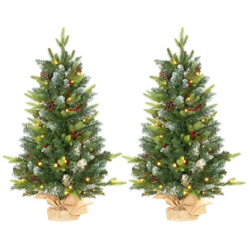HOMCOM Set of Two 3ft Christmas Trees, with Lights, Berries and Pinecones