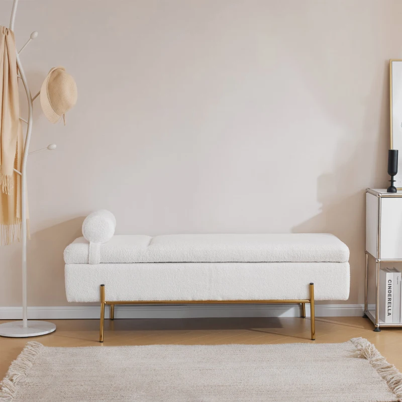 Gepolsterte Sitzbank mit Metallfüßen und Kopfstütze, Sitztruhe aus Teddy-Plüsch, Multifunktional mit Stauraum, 140x52x47 cm, Weiß
