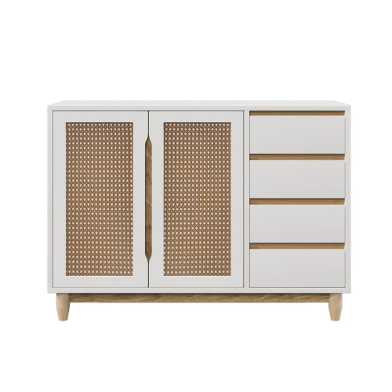 Sideboard mit Rattanimitat-Türen, Schubladen und verstellbaren Regalen, Beine aus Massivholz, Holzfarbe und Weiß