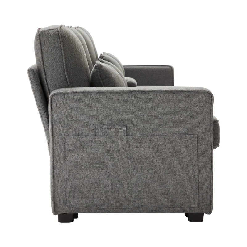 Modernes 3-Sitzer Sofa aus Leinenstoff mit Konsole, 2 Becherhaltern, 2 USB-Anschlüssen, Taschen an den Armlehnen und 4 Kissen, Dunkelgrau