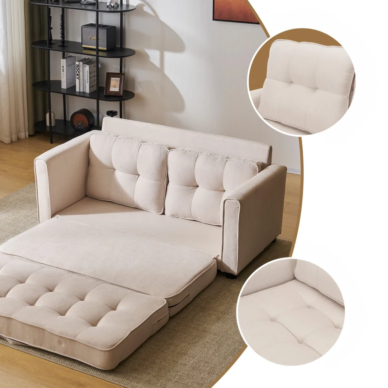 2-Sitzer Schlafsofa 151x75cm mit Seitentaschen, doppellagiger Polsterung, ausklappbar, Modernes Design fürs Zuhause, Beige