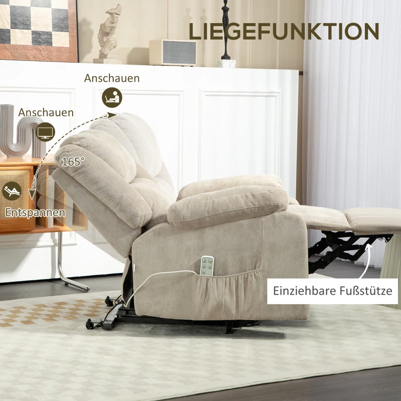 HOMCOM Relaxfauteuil met Opsta-assistentie, Verstelbare Hoofdsteun, Opklapbare Rugleuning, Gewatteerde Armleuningen, Lichtgrijs