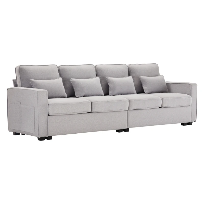 Sofa 4 Sitzer, Bequeme Leinen Sofa für Familie und Büro, mit Taschen und Kissen, Größe 264x83x87 cm, Grau