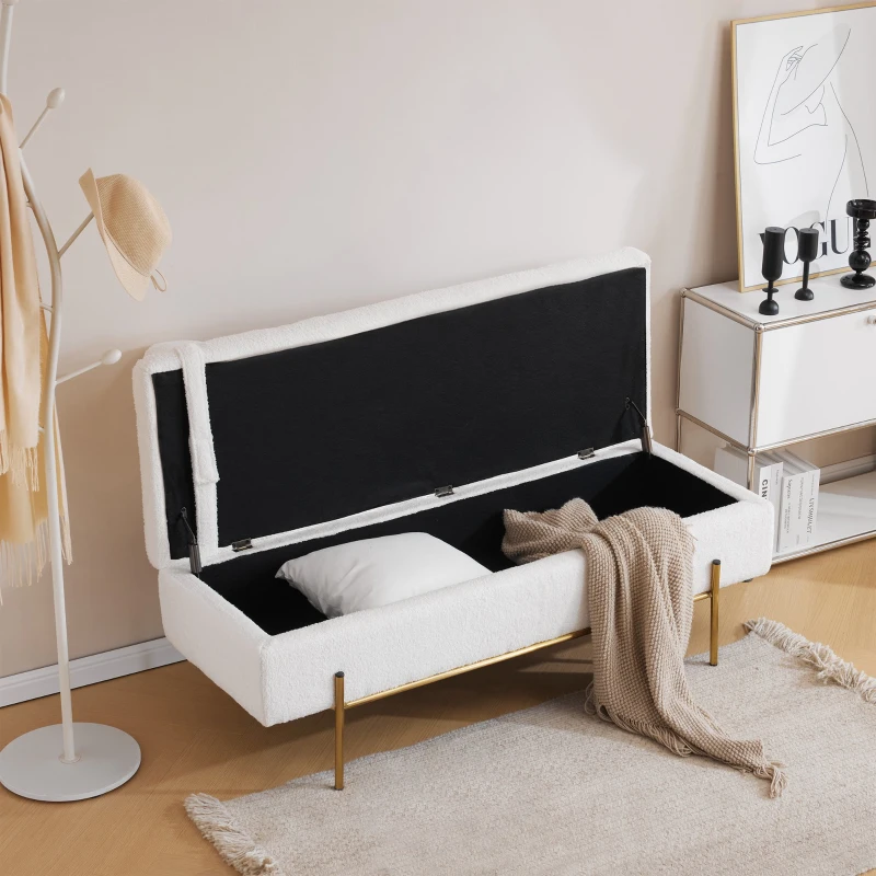 Gepolsterte Sitzbank mit Metallfüßen und Kopfstütze, Sitztruhe aus Teddy-Plüsch, Multifunktional mit Stauraum, 140x52x47 cm, Weiß