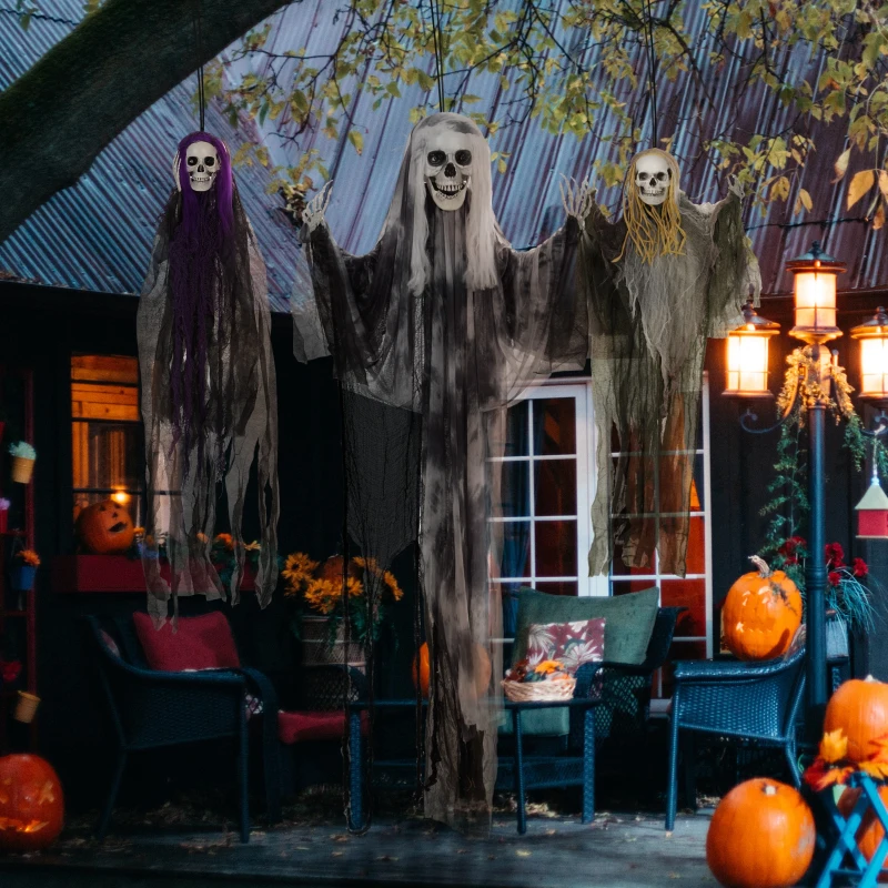 HOMCOM Hangende Skelet-Geesten, 3-delig, Halloween Decoratie, Verstelbare Armen, 90/110/200cm