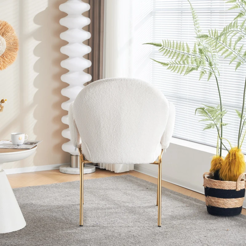 Polsterstuhl, für Esszimmer und Wohnzimmer, Teddy-Bezug, hohe Rückenlehne und abgerundete Armlehnen, vergoldete Metallbeine, Weiß