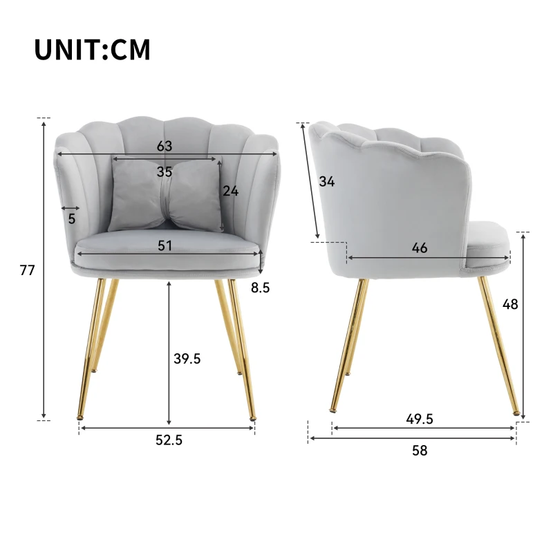 Esszimmerstühle Blütendesign Sessel: Samt 43cm mit Goldenen Metallbeinen, Lounge-geeignet Grau