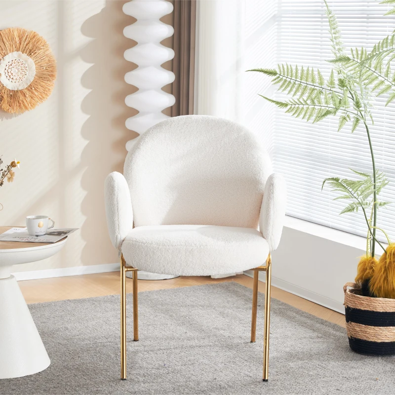 Polsterstuhl, für Esszimmer und Wohnzimmer, Teddy-Bezug, hohe Rückenlehne und abgerundete Armlehnen, vergoldete Metallbeine, Weiß