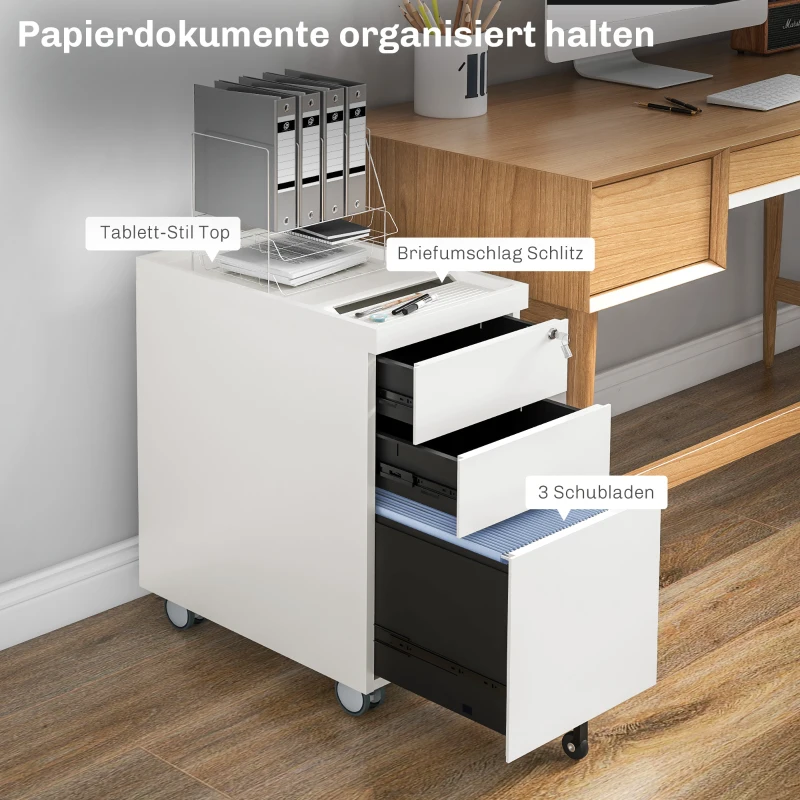 HOMCOM Szafka na dokumenty, Kontener na kółkach, zamykany, na pliki wiszące, obudowa stalowa, 30x50x61 cm, Biały