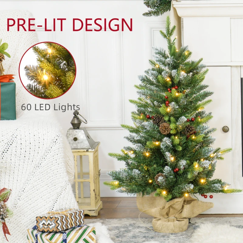 HOMCOM Set of Two 3ft Christmas Trees, with Lights, Berries and Pinecones