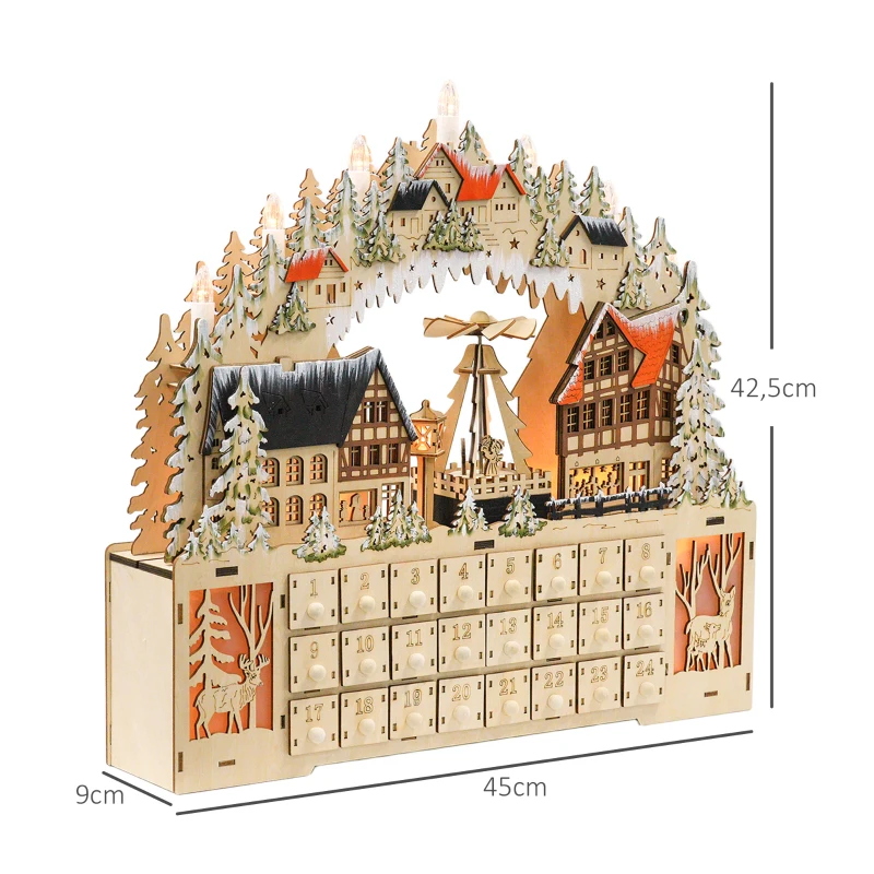 HOMCOM Adventskalender Kerstdorp met 18 LED's, 24 Laden, Herbruikbaar, 45 x 9 x 42,5 cm(m-3)